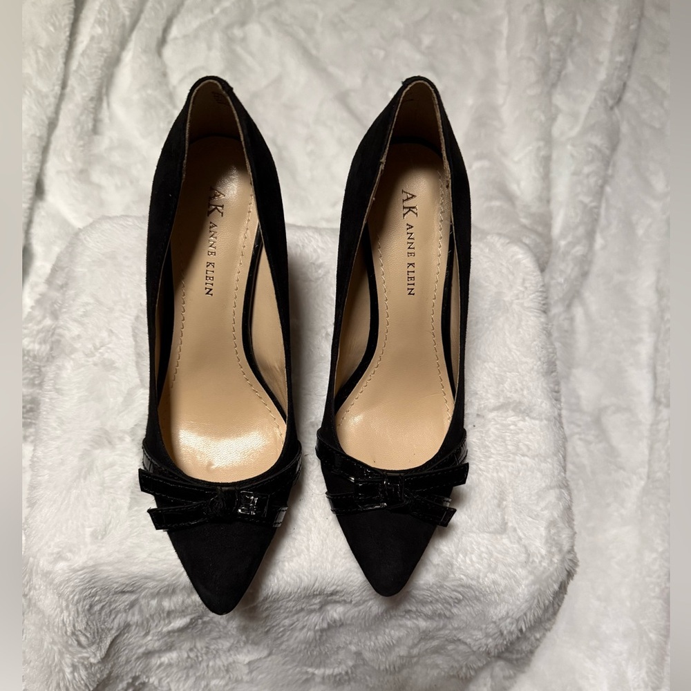Anne Klein Black Suede Heels with Bow Accent